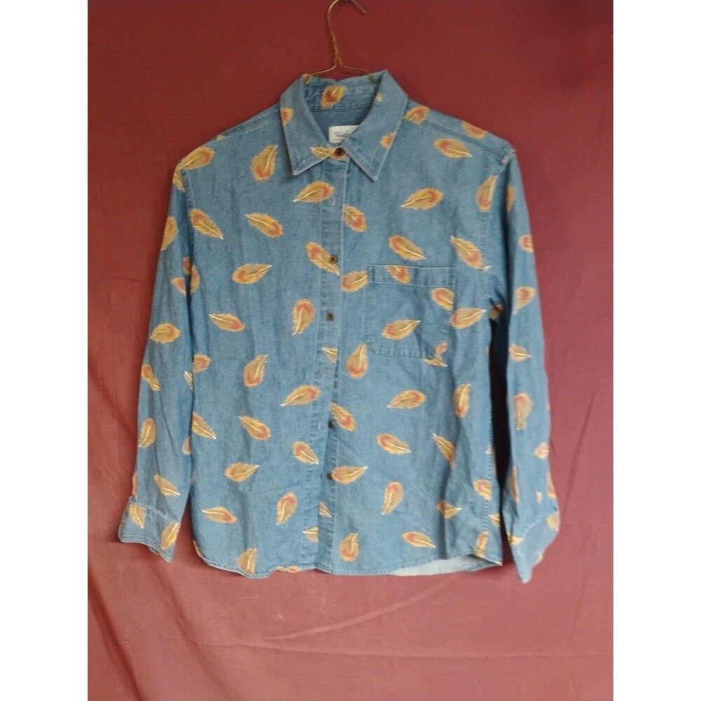 Westbound Denim Button Front Shirt Women Blue Medium Feather Design